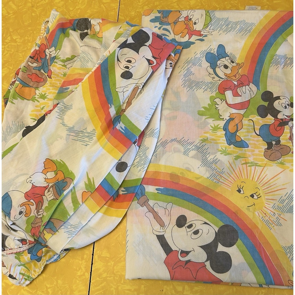 VTG 70s 80s Disney Mickey & Friends Painting Rainbows Twin Flat & Fitted Sheets